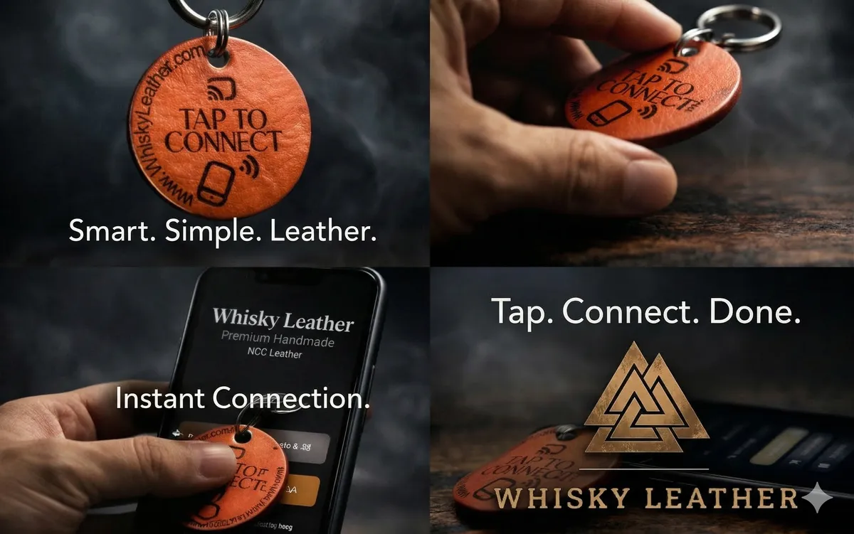 How NFC keychains work: tap the leather keychain to any NFC-enabled smartphone to instantly share your programmed contact info, website, or social media
